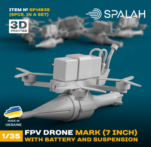 1/35 Set of scale models FPV drone Mark (7inch) with battery and suspension, (5 pcs)